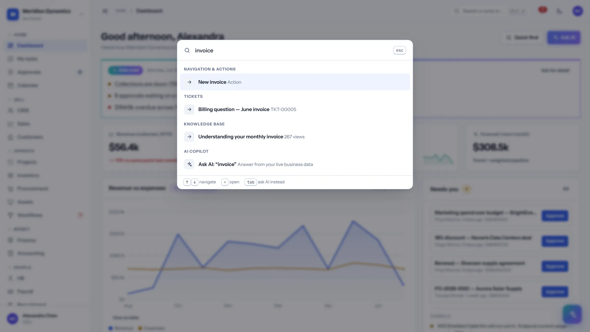 Command palette in CareIT Business OS — One shortcut searches across modules — records, actions, knowledge base articles — and can hand the same query to the copilot instead..