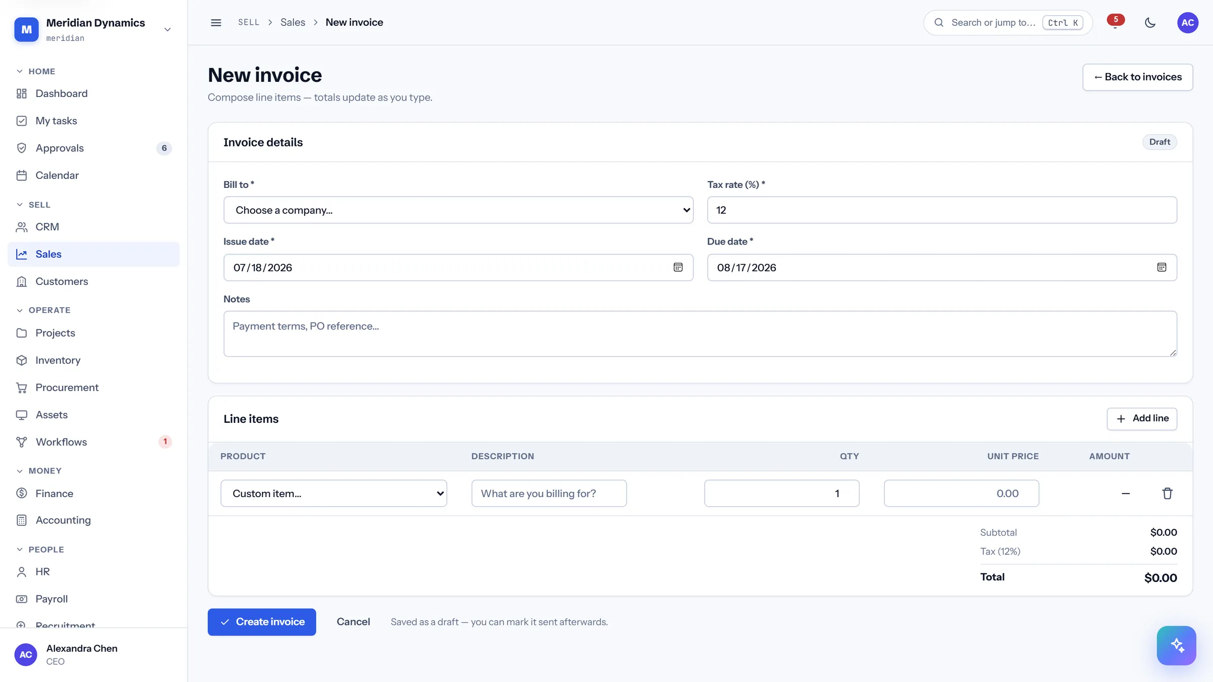 New invoice in CareIT Business OS — Build an invoice from the product catalog with live line maths, rather than typing figures into a document..