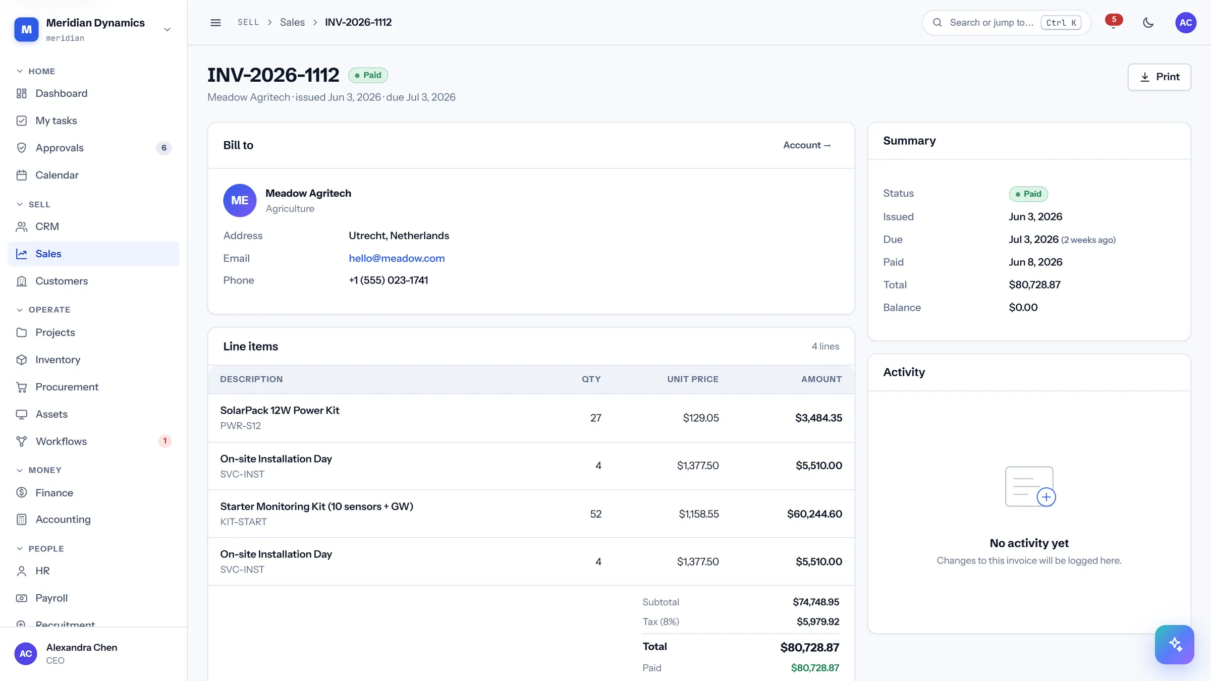 Invoice detail in CareIT Business OS — One invoice in full: who it bills, the line items, every payment received against it, and the running summary..
