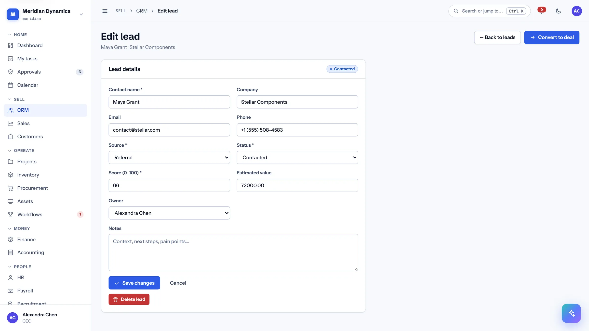 Lead editor in CareIT Business OS — The full lead record — contact details, source, score, owner, and status — on one form..
