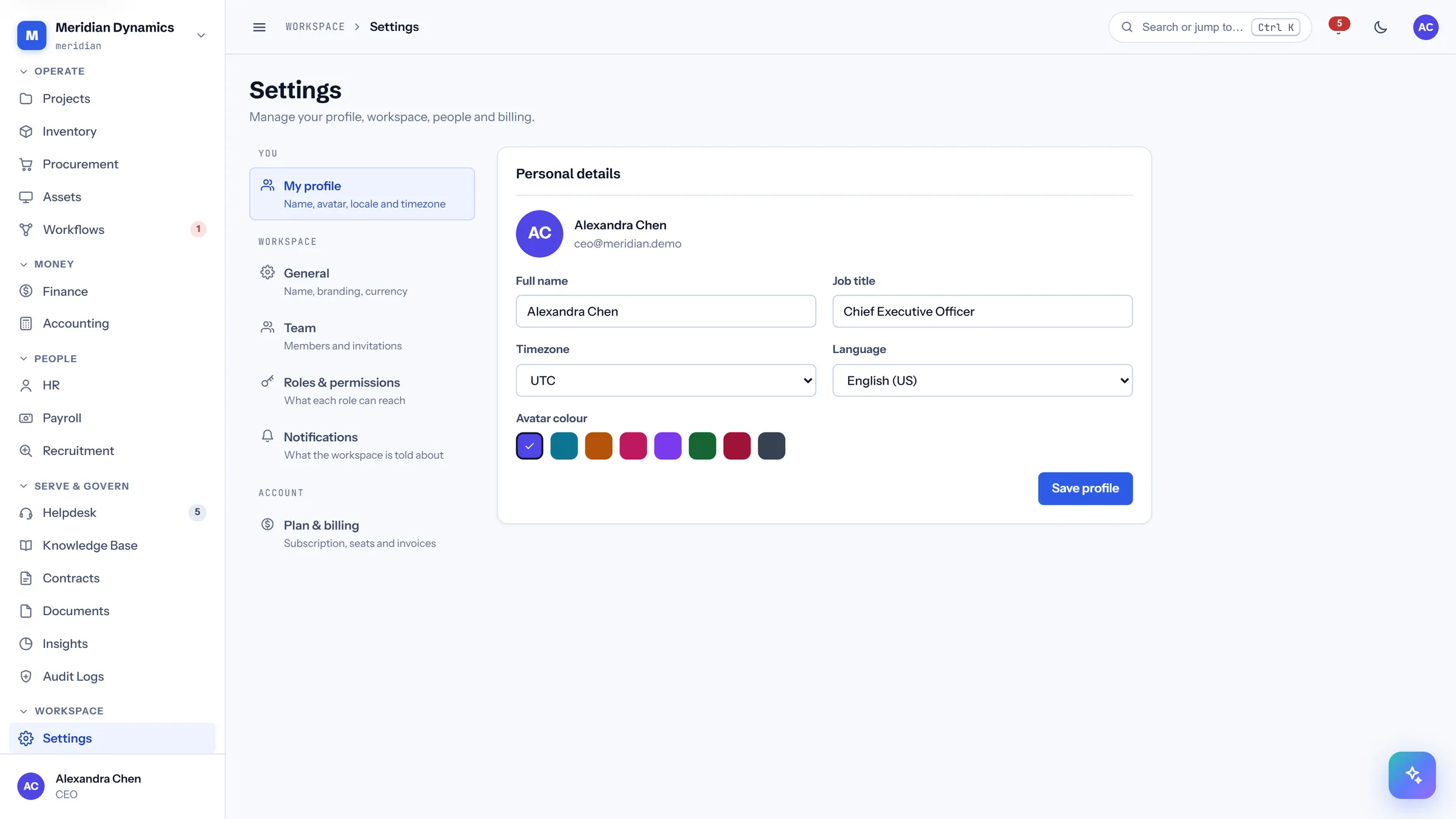 Settings in CareIT Business OS — A two-pane settings area with real URLs per section — profile, workspace, team, roles, billing, and notifications — grouped into You, Workspace, and Account..